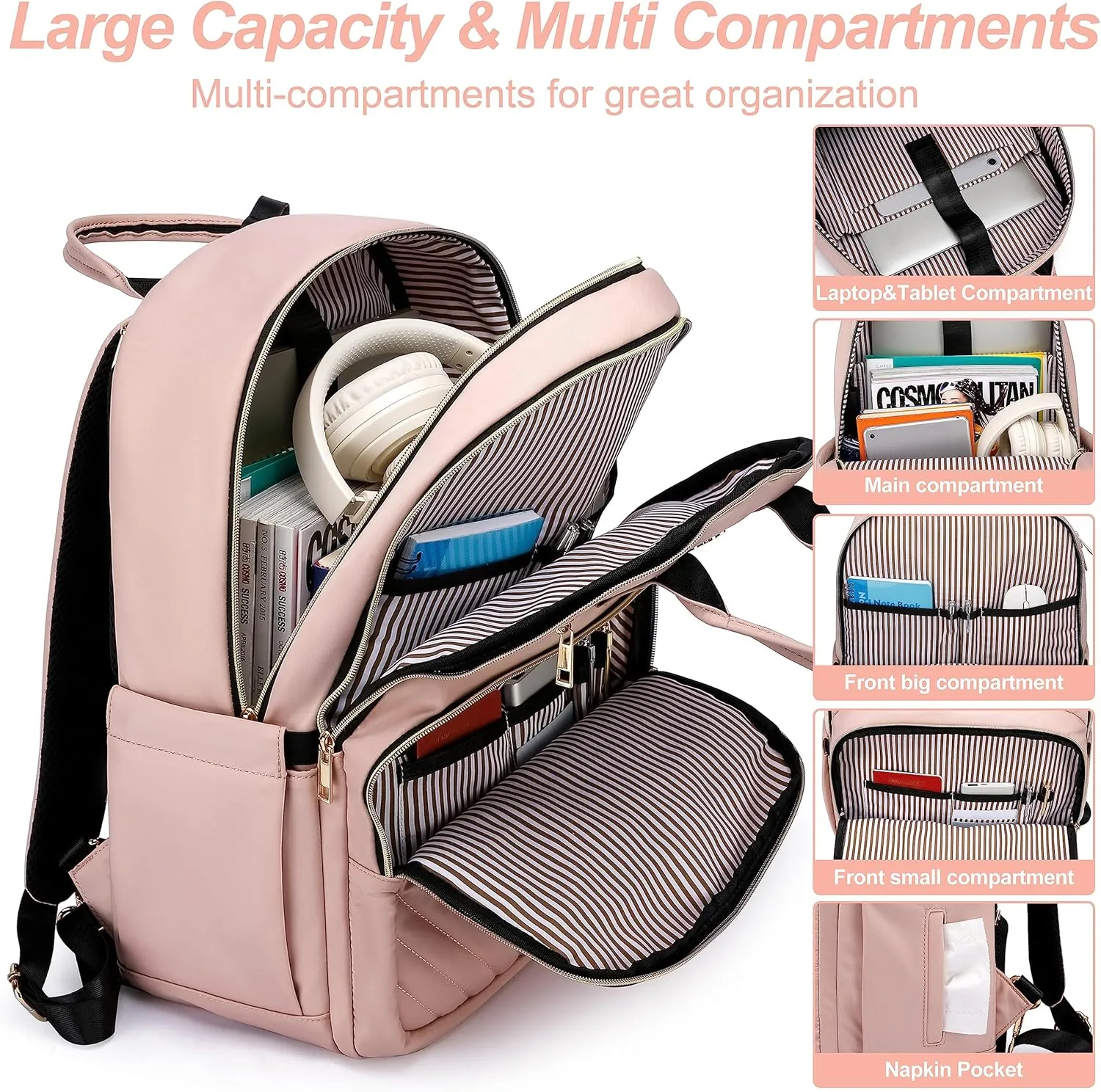 CAFELE College Bookbag,17.3 Inch Laptop Backpack Women, Anti Theft Business Bagpack with USB Port, Water Resistant Travel Large Capacity Pink Computer Backpacks for Work