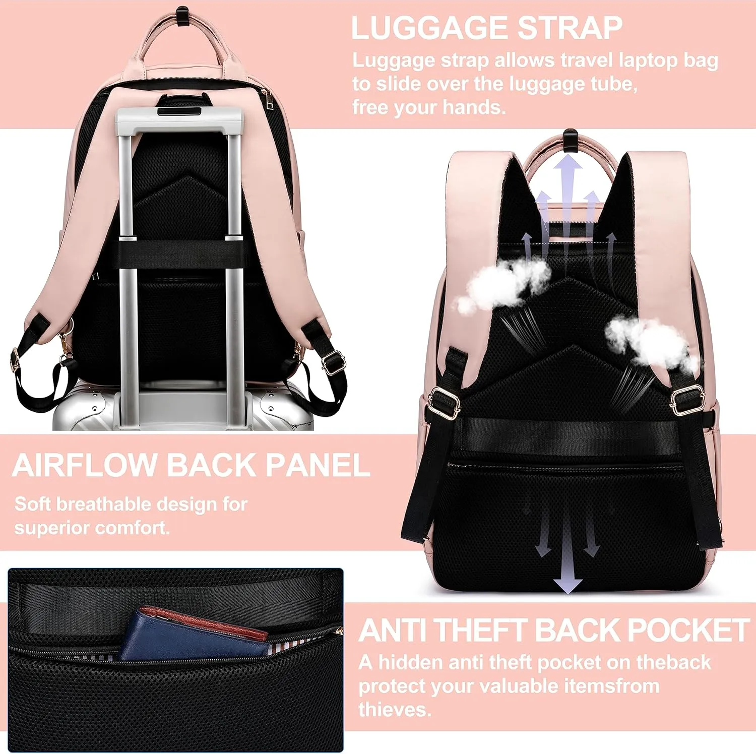 CAFELE College Bookbag,17.3 Inch Laptop Backpack Women, Anti Theft Business Bagpack with USB Port, Water Resistant Travel Large Capacity Pink Computer Backpacks for Work