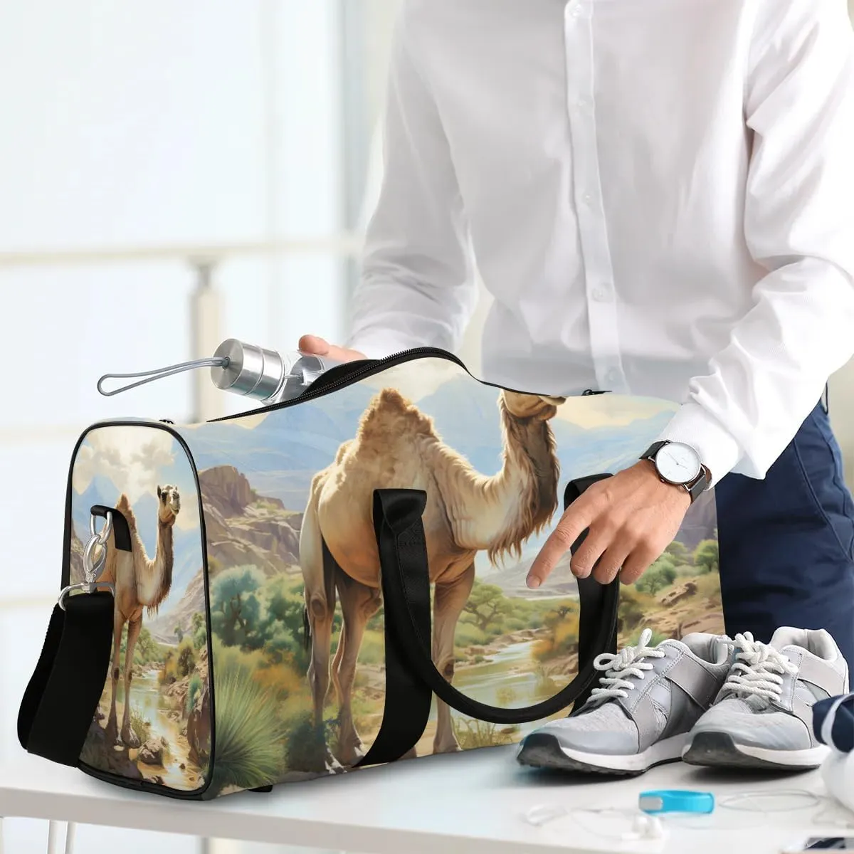 Camel Pattern Travel Duffel Bag for Women Men Waterproof Foldable Overnight Weekender Bag Large Capacity Sports Gym Bag