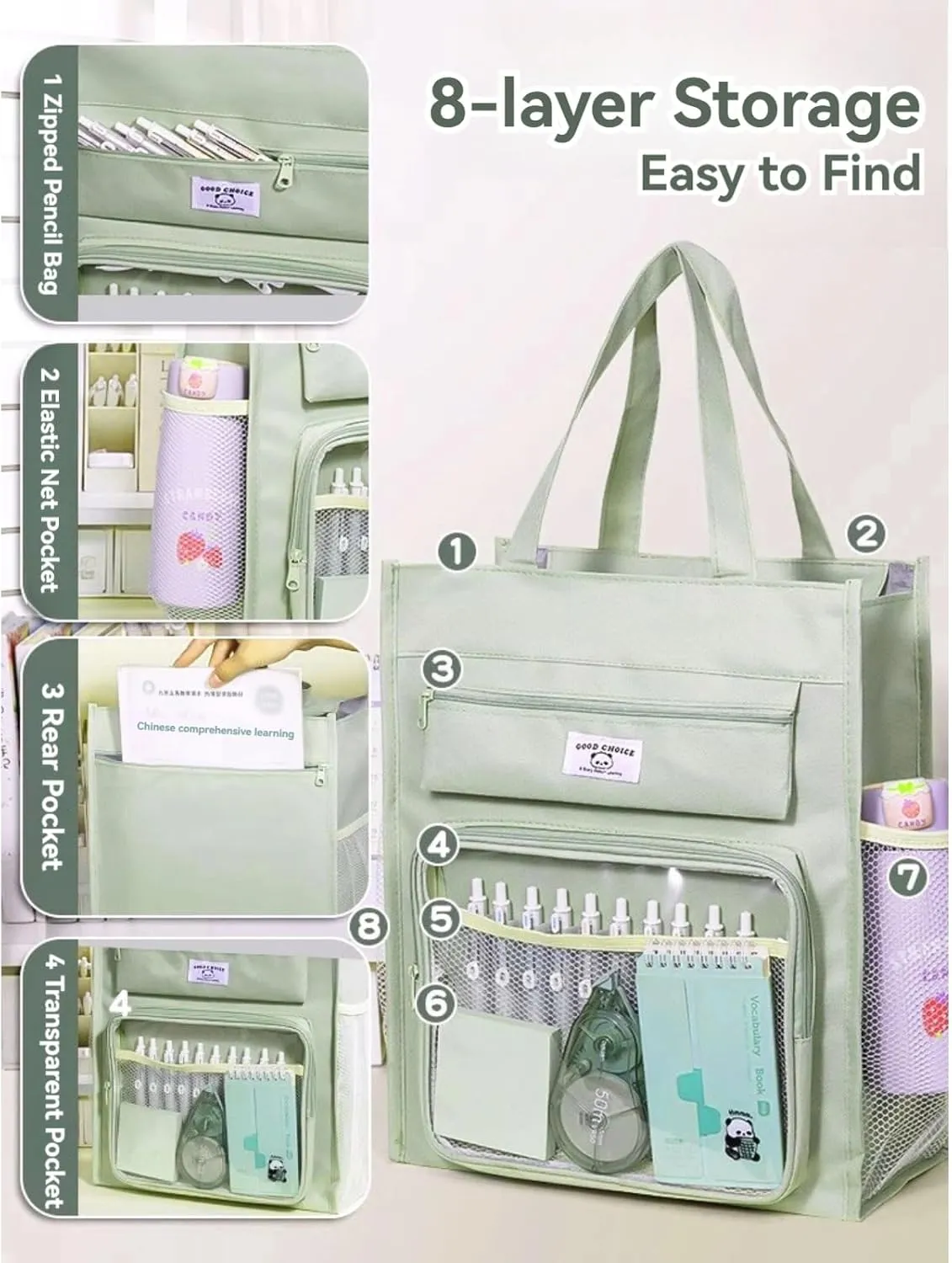 Canvas Tote Bag Cute Panda Print Multipocket Handbag with Compartments   5 Pens (1-Green)
