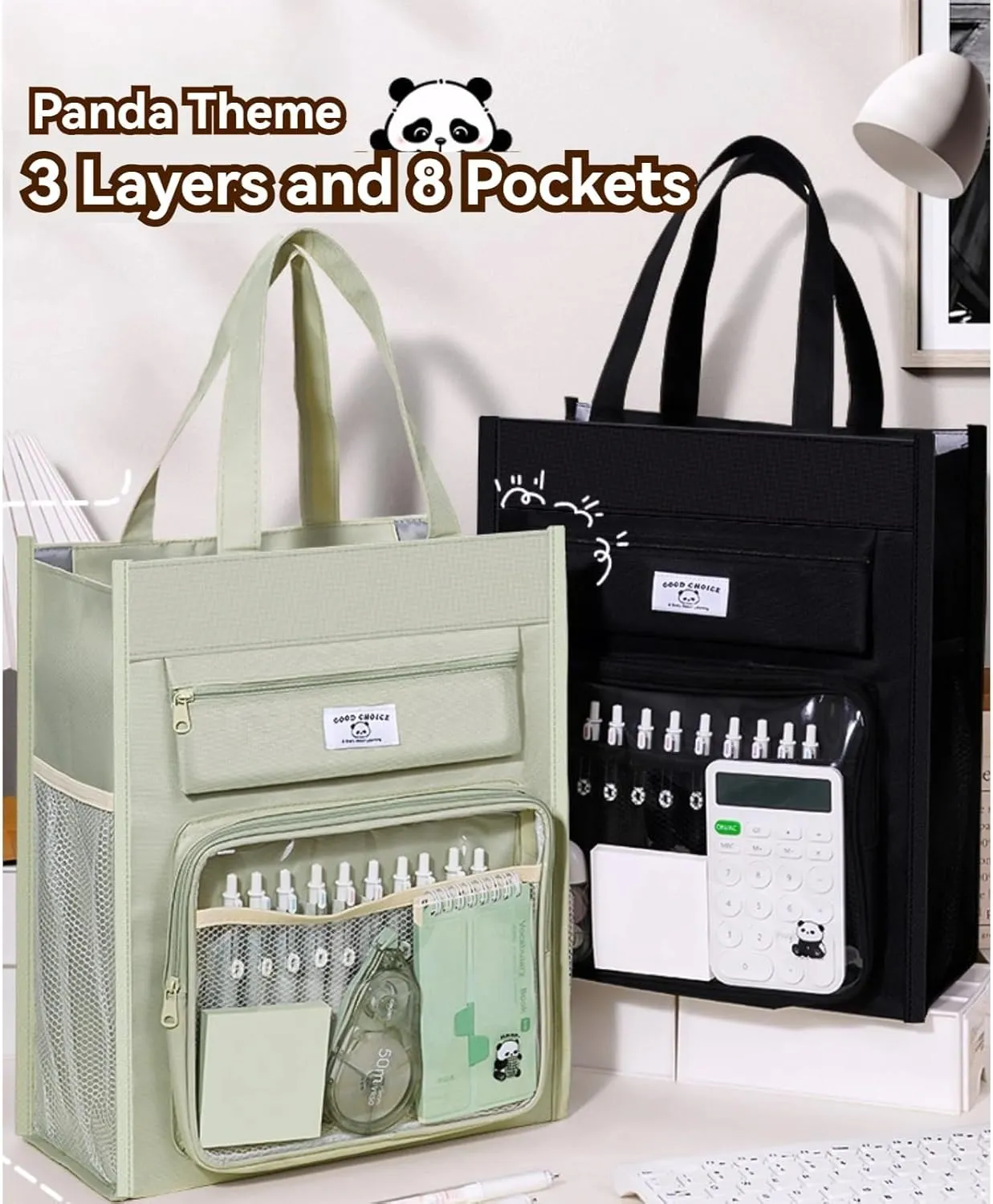 Canvas Tote Bag Cute Panda Print Multipocket Handbag with Compartments   5 Pens (1-Green)