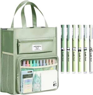 Canvas Tote Bag Cute Panda Print Multipocket Handbag with Compartments   5 Pens (1-Green)