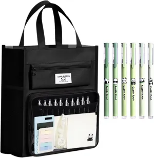 Canvas Tote Bag Cute Panda Print Multipocket Handbag with Compartments   5 Pens (2-Black)