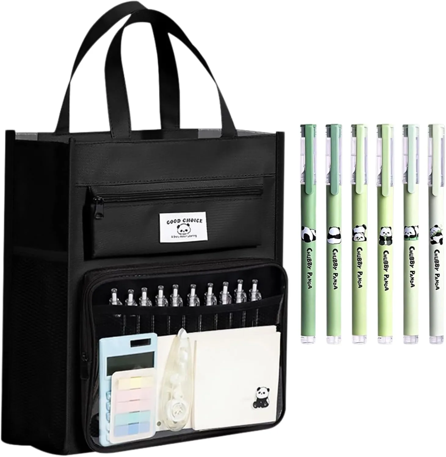 Canvas Tote Bag Cute Panda Print Multipocket Handbag with Compartments   5 Pens (2-Black)