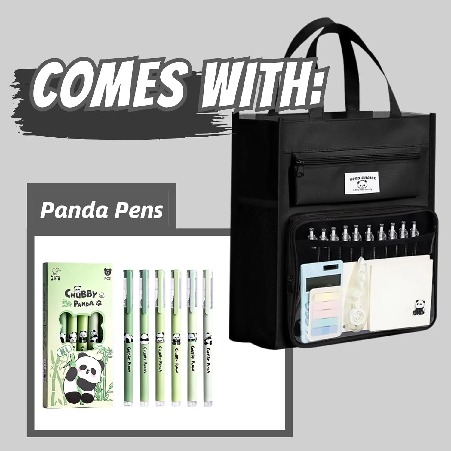Canvas Tote Bag Cute Panda Print Multipocket Handbag with Compartments   5 Pens (2-Black)