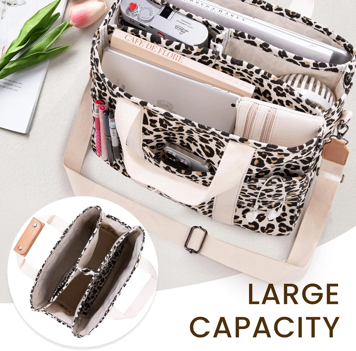Canvas Tote Bag with Multi Pocket Crossbody Bag for Women Tote Bag with Adjustable Shoulder Strap Handbag (No zipper)