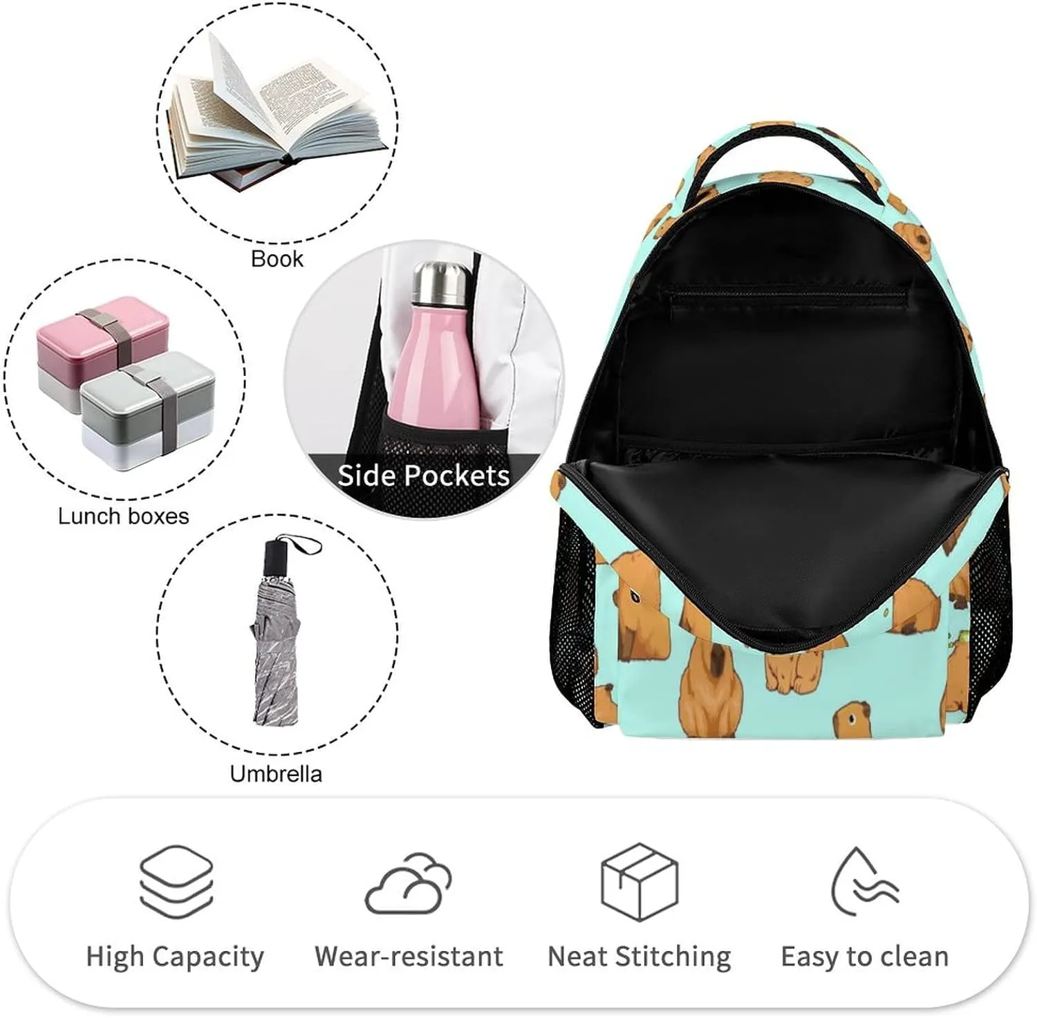 Capybara Backpack for Kids Boys Girls Polyester Fashion School Bag Print Travel Stylish Laptop Bookbag Gift Blue