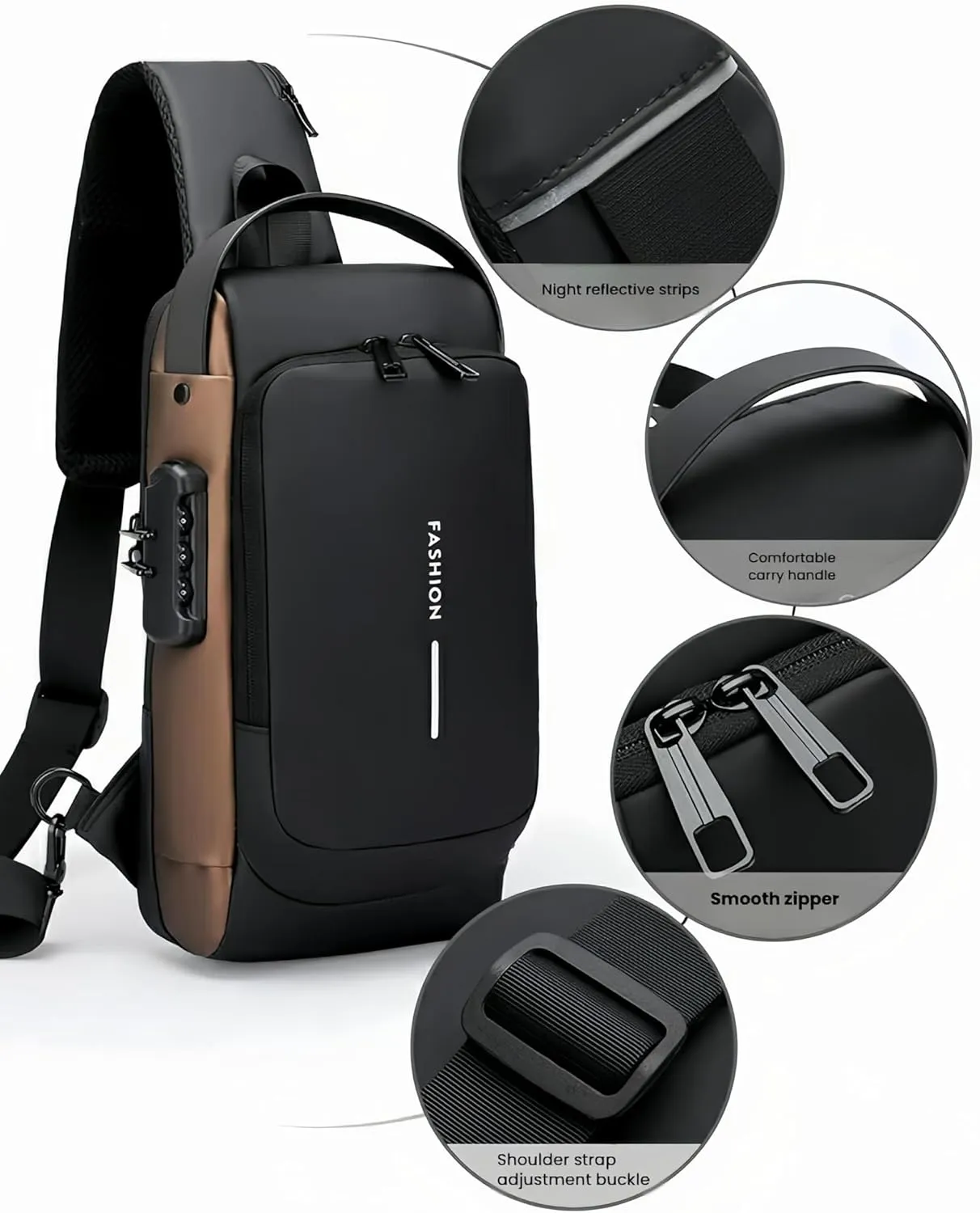 Carbon fiber streamline anti-theft shoulder bag, USB charging sports waterproof shoulder bag (Black gold)
