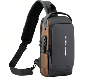 Carbon fiber streamline anti-theft shoulder bag, USB charging sports waterproof shoulder bag (Black gold)