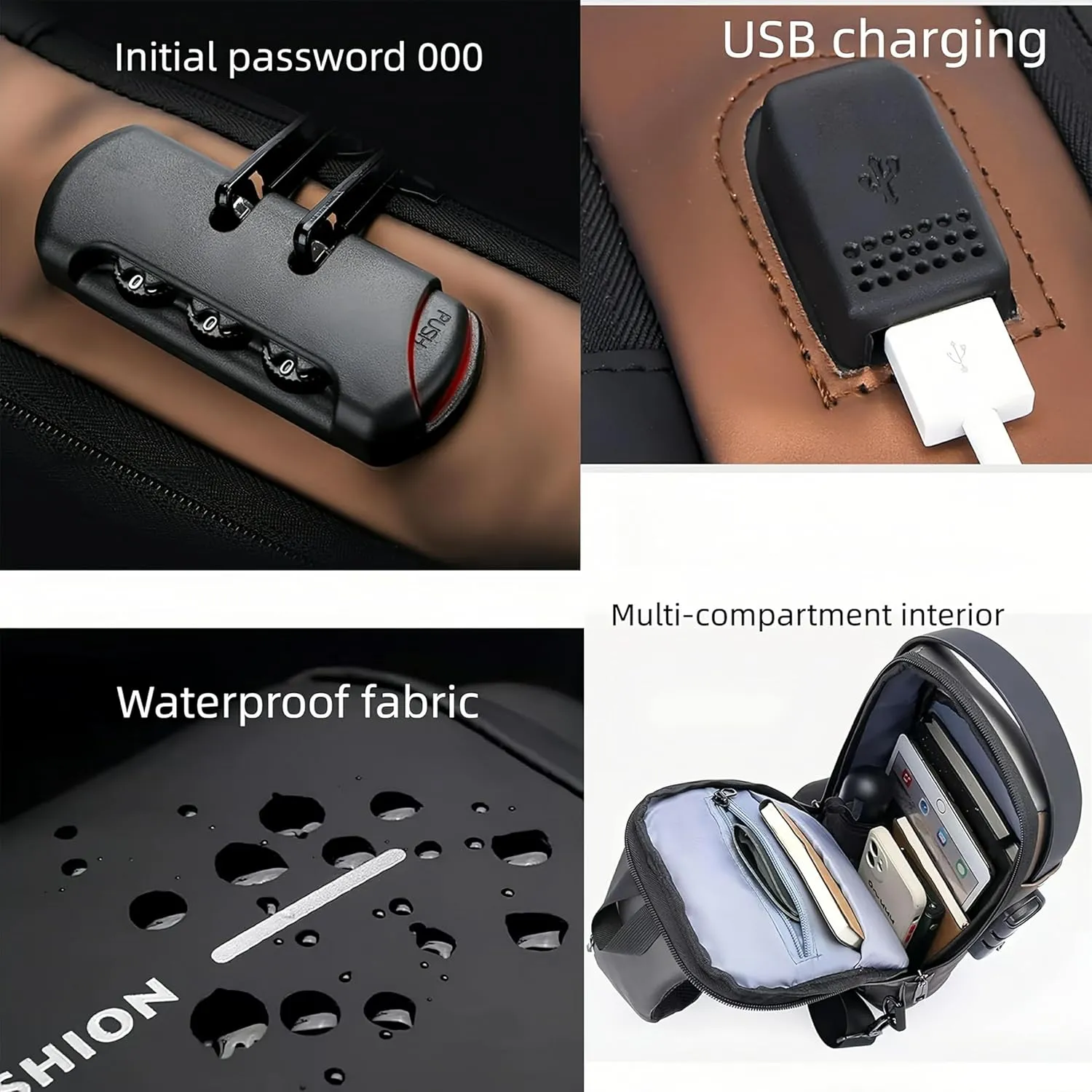 Carbon fiber streamline anti-theft shoulder bag, USB charging sports waterproof shoulder bag (Black gold)