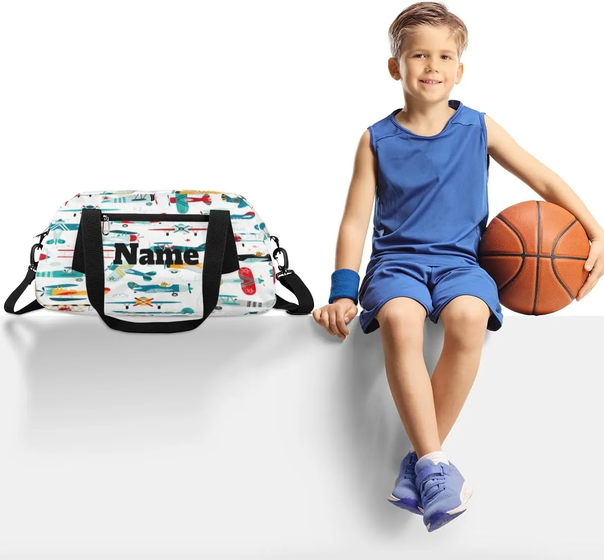 Cartoon Airplanes Pattern Custom Name Kids Duffel Bags Personalized Customized Sports Gym Bag Girls Dance Bag Tote Overnight Weekender Sleepover Carry On Travel Bag for Boys Girls