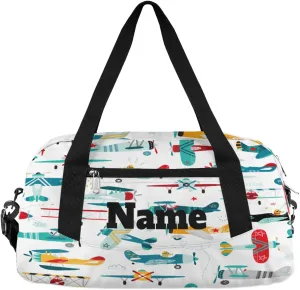 Cartoon Airplanes Pattern Custom Name Kids Duffel Bags Personalized Customized Sports Gym Bag Girls Dance Bag Tote Overnight Weekender Sleepover Carry On Travel Bag for Boys Girls