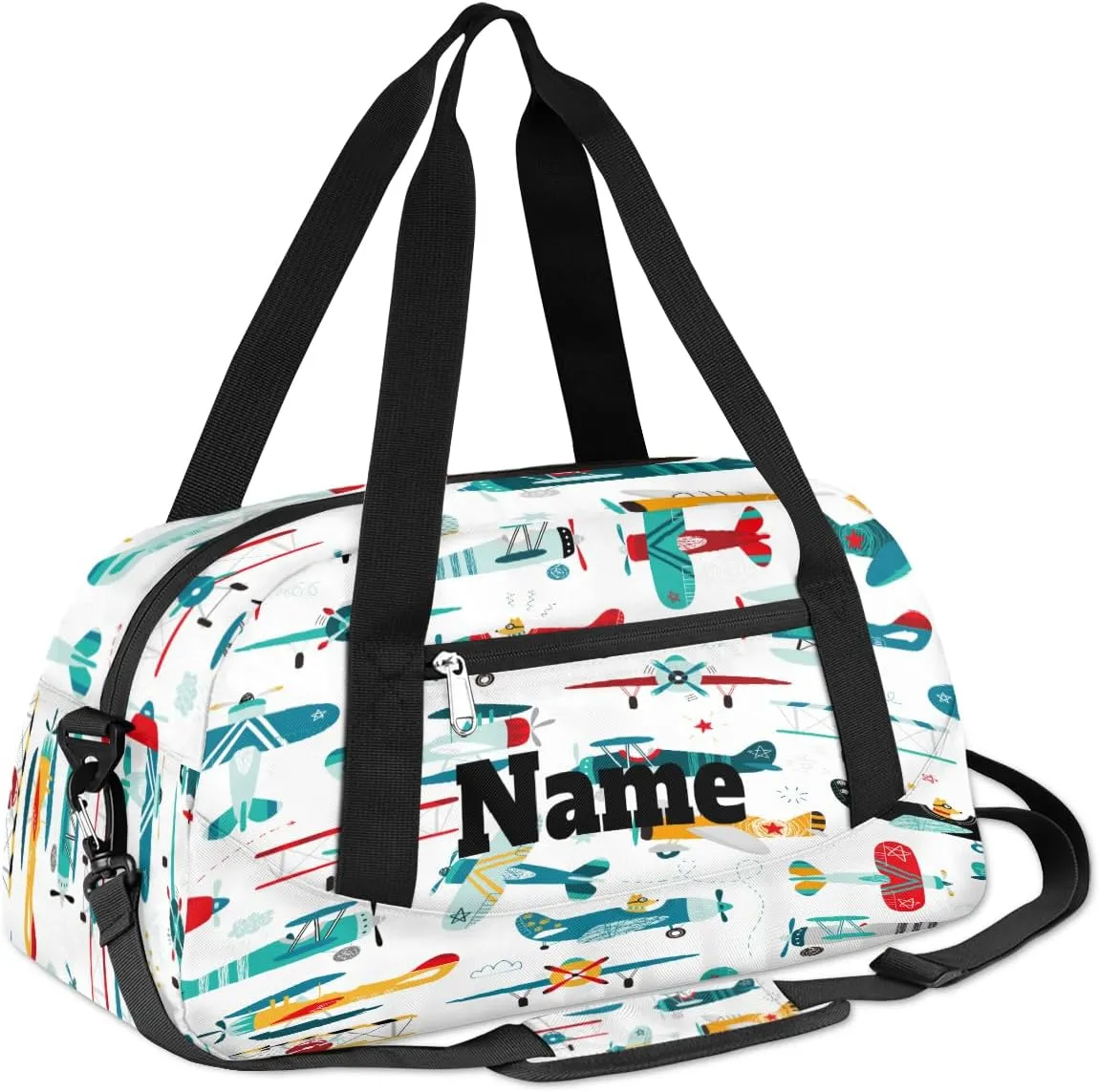 Cartoon Airplanes Pattern Custom Name Kids Duffel Bags Personalized Customized Sports Gym Bag Girls Dance Bag Tote Overnight Weekender Sleepover Carry On Travel Bag for Boys Girls