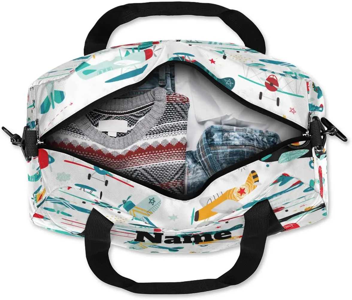 Cartoon Airplanes Pattern Custom Name Kids Duffel Bags Personalized Customized Sports Gym Bag Girls Dance Bag Tote Overnight Weekender Sleepover Carry On Travel Bag for Boys Girls