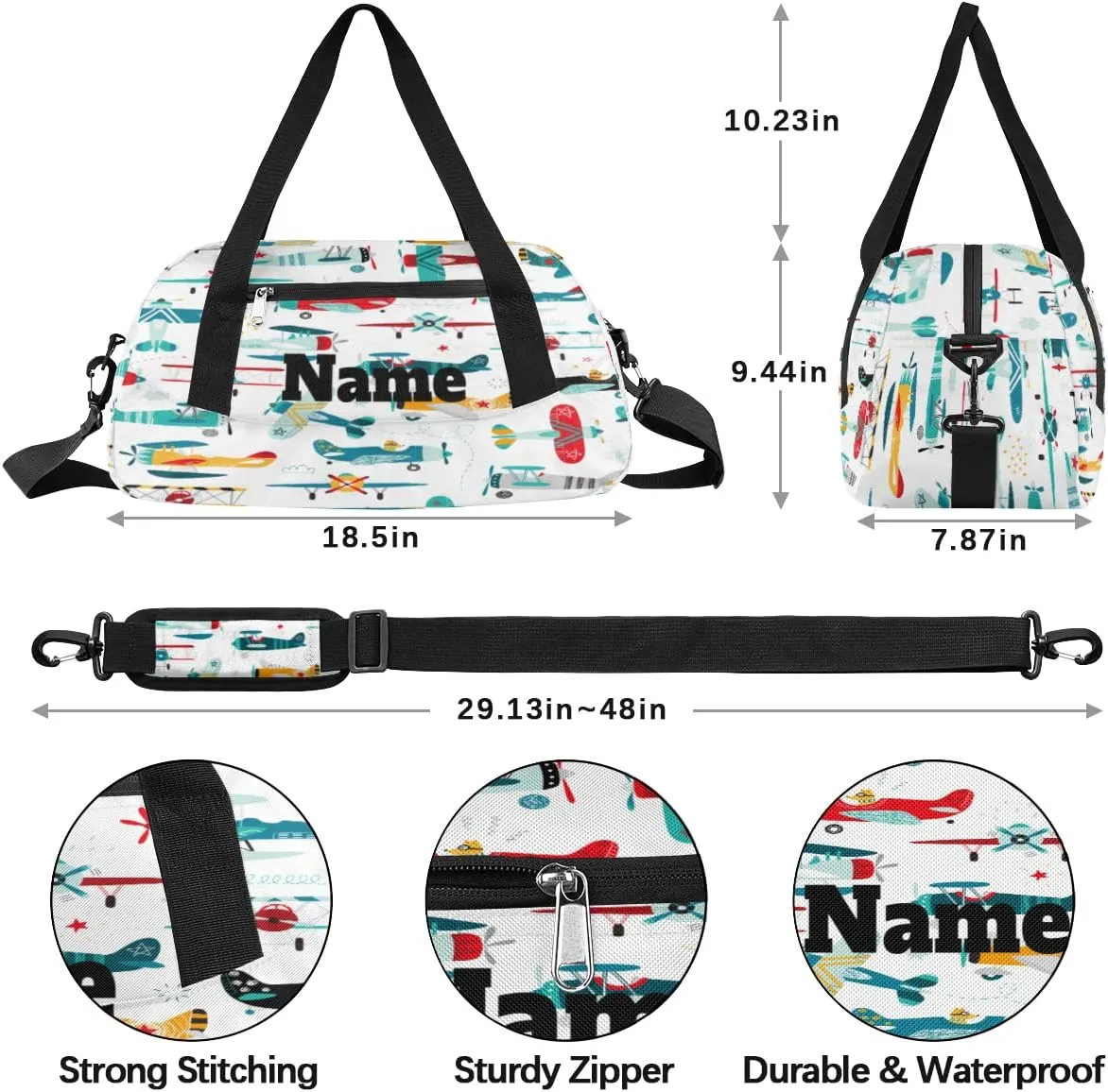 Cartoon Airplanes Pattern Custom Name Kids Duffel Bags Personalized Customized Sports Gym Bag Girls Dance Bag Tote Overnight Weekender Sleepover Carry On Travel Bag for Boys Girls