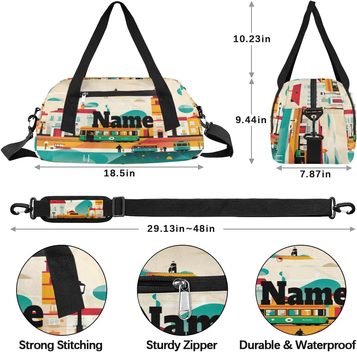 Cartoon Bus House Custom Name Kids Duffel Bags Personalized Customized Gifts Sports Gym Bag Girls Dance Bag Overnight Weekender Sleepover Carry On Travel Tote Bag for Boys Girls