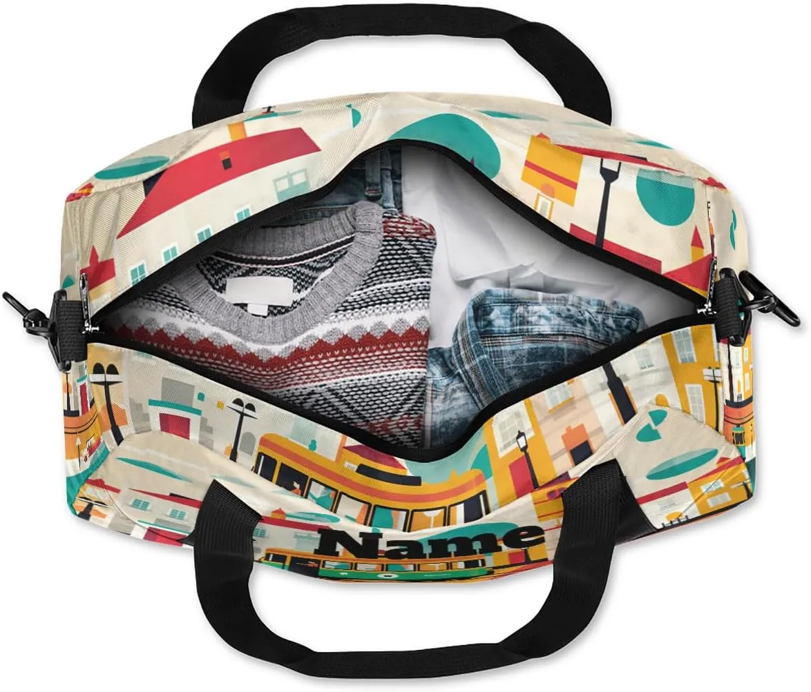 Cartoon Bus House Custom Name Kids Duffel Bags Personalized Customized Gifts Sports Gym Bag Girls Dance Bag Overnight Weekender Sleepover Carry On Travel Tote Bag for Boys Girls