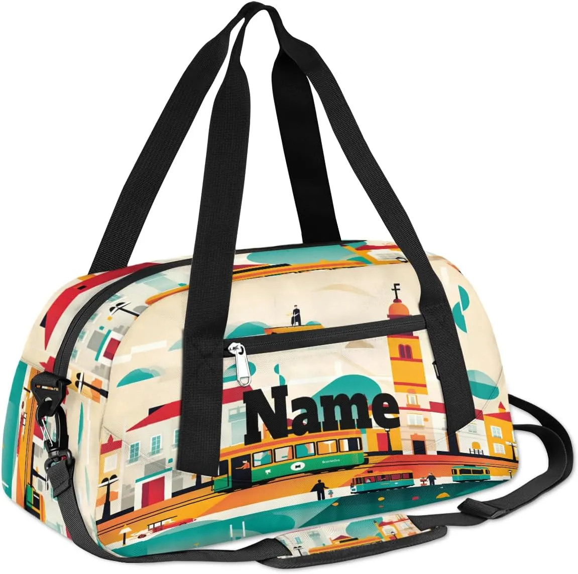 Cartoon Bus House Custom Name Kids Duffel Bags Personalized Customized Gifts Sports Gym Bag Girls Dance Bag Overnight Weekender Sleepover Carry On Travel Tote Bag for Boys Girls
