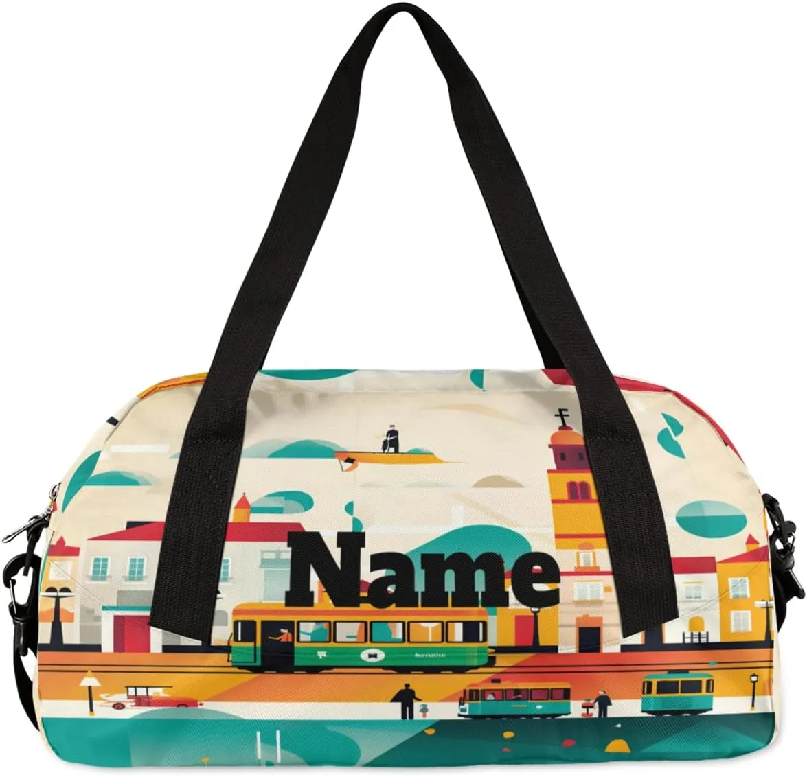 Cartoon Bus House Custom Name Kids Duffel Bags Personalized Customized Gifts Sports Gym Bag Girls Dance Bag Overnight Weekender Sleepover Carry On Travel Tote Bag for Boys Girls