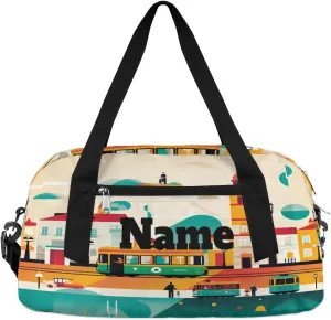Cartoon Bus House Custom Name Kids Duffel Bags Personalized Customized Gifts Sports Gym Bag Girls Dance Bag Overnight Weekender Sleepover Carry On Travel Tote Bag for Boys Girls