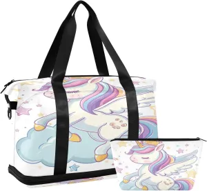 Cartoon Cute Flying Unicorn Waterproof Travel Weekender Bag for Women with Shoes Compartment Personal Item Bag