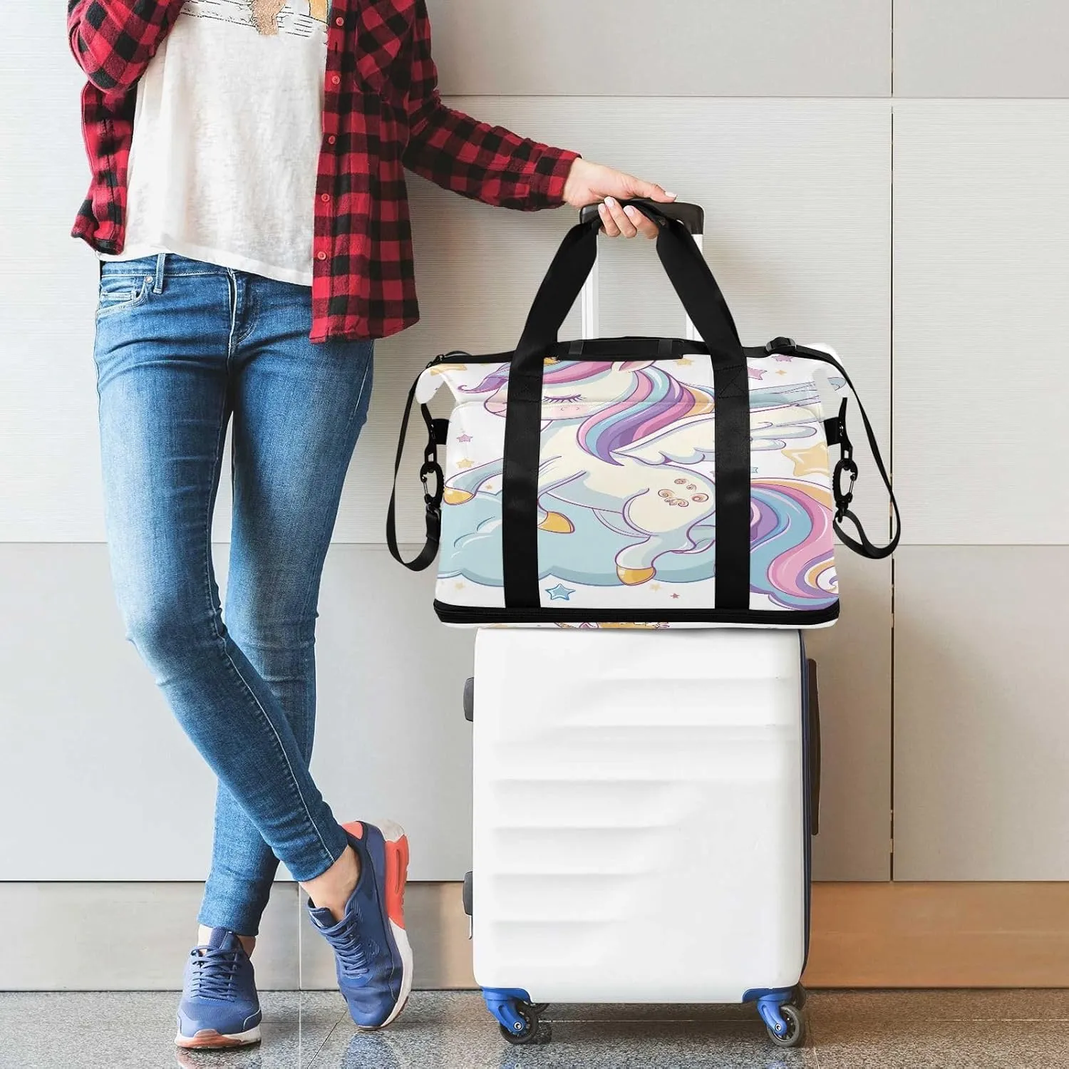 Cartoon Cute Flying Unicorn Waterproof Travel Weekender Bag for Women with Shoes Compartment Personal Item Bag