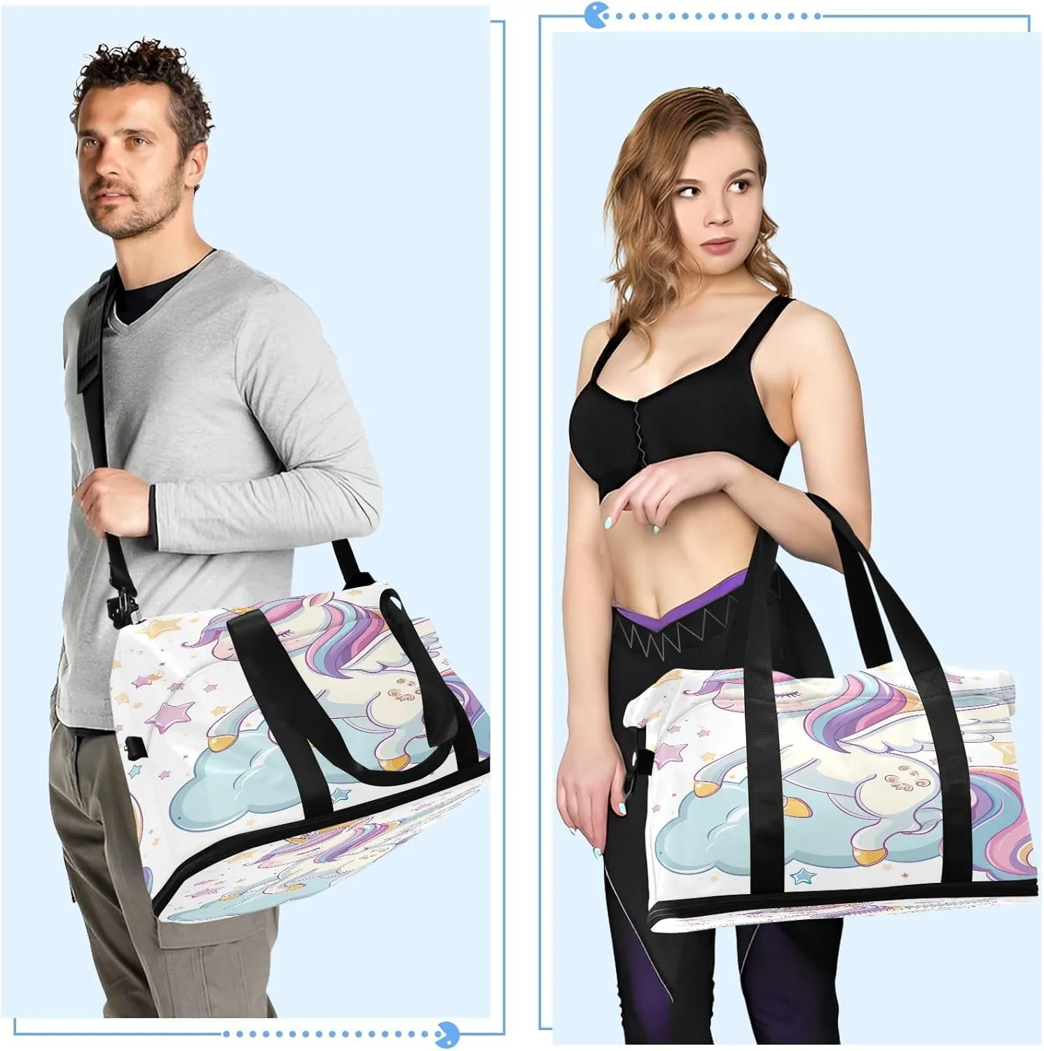 Cartoon Cute Flying Unicorn Waterproof Travel Weekender Bag for Women with Shoes Compartment Personal Item Bag