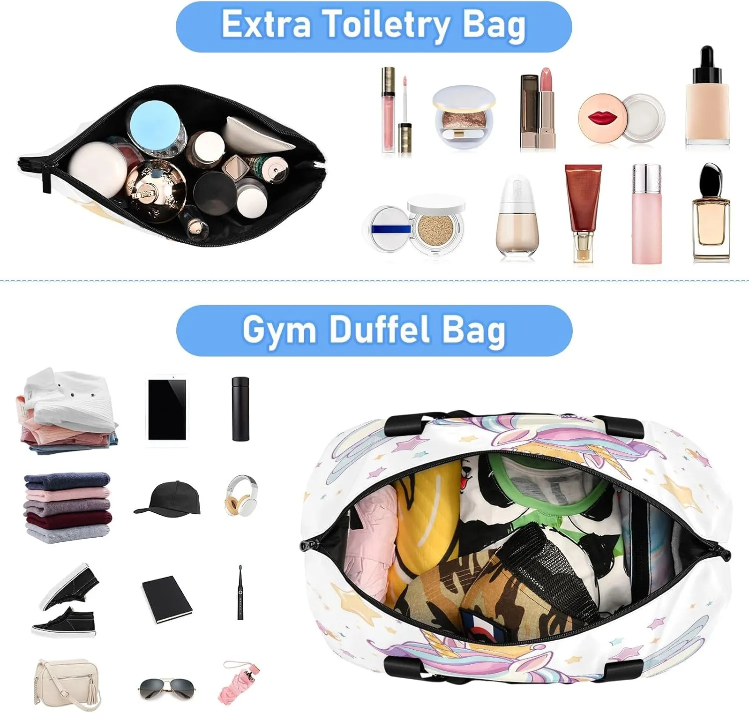 Cartoon Cute Flying Unicorn Waterproof Travel Weekender Bag for Women with Shoes Compartment Personal Item Bag