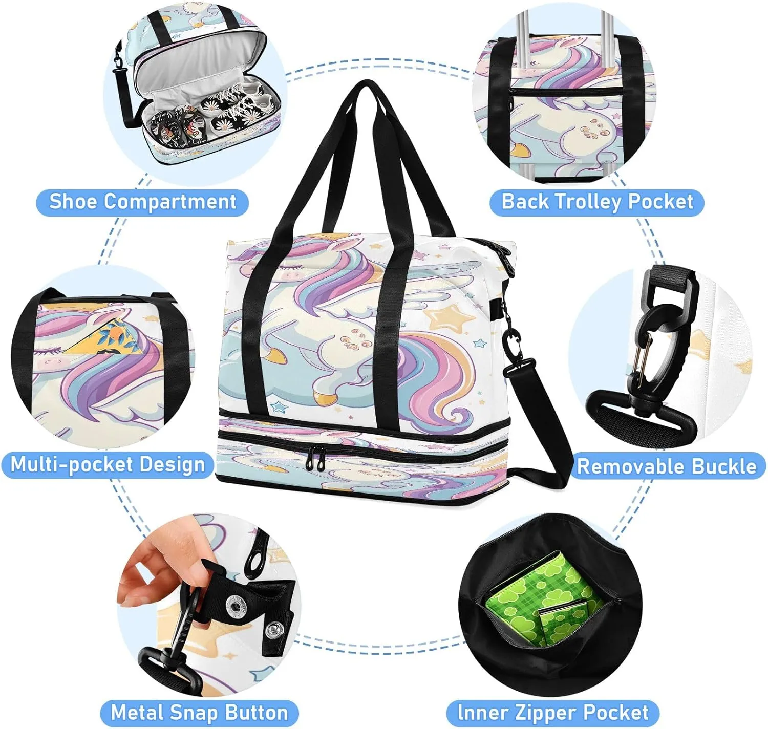 Cartoon Cute Flying Unicorn Waterproof Travel Weekender Bag for Women with Shoes Compartment Personal Item Bag