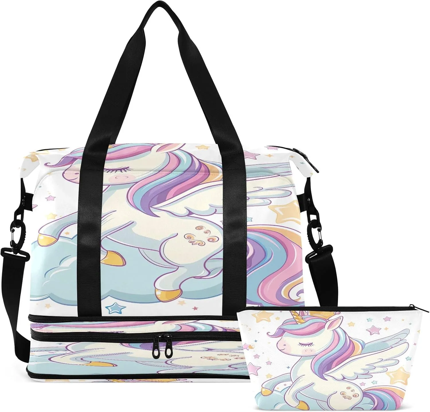 Cartoon Cute Flying Unicorn Waterproof Travel Weekender Bag for Women with Shoes Compartment Personal Item Bag