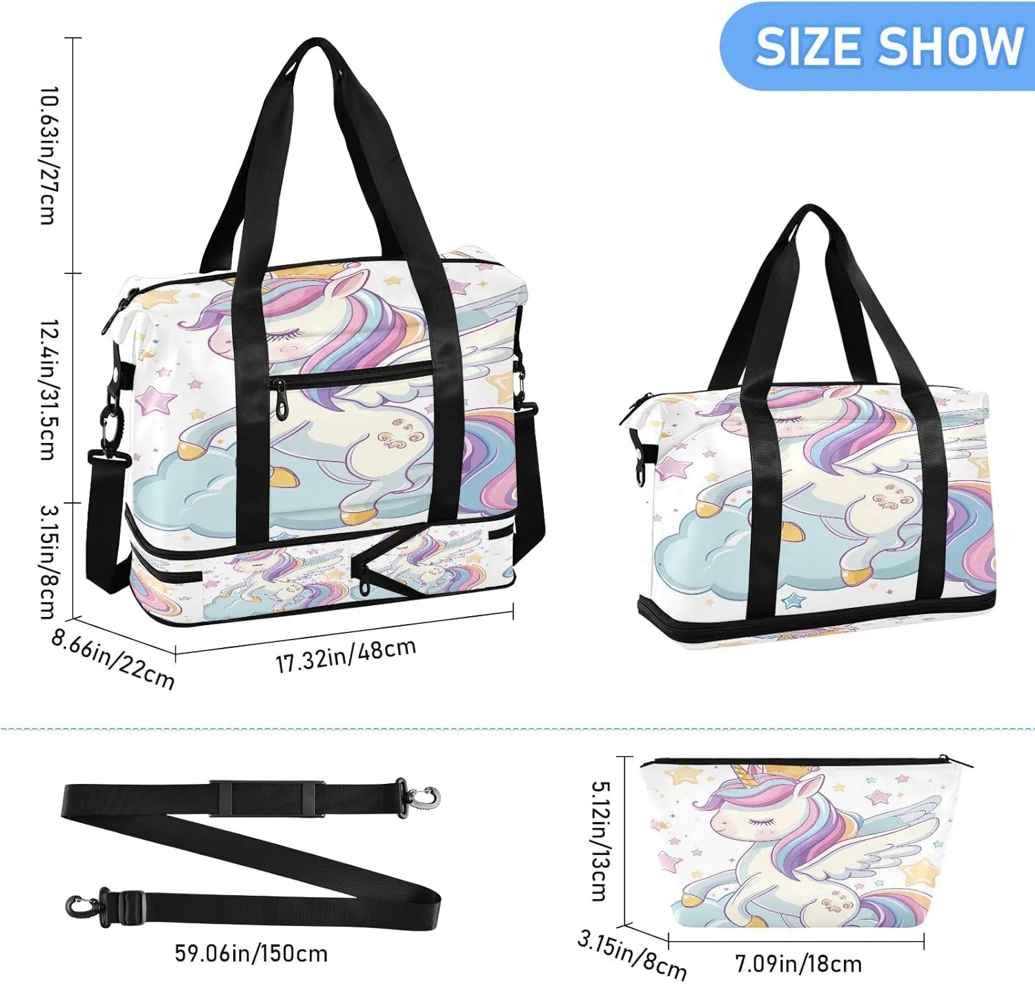 Cartoon Cute Flying Unicorn Waterproof Travel Weekender Bag for Women with Shoes Compartment Personal Item Bag