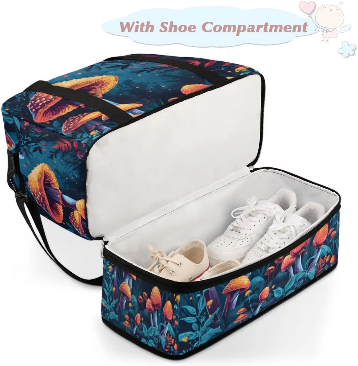 Cartoon Forest Mushroom Design Foldable Duffle Bag with Shoes Compartment Large Capacity Waterproof Travel Weekender Bag Overnight Bag for Sports Gym
