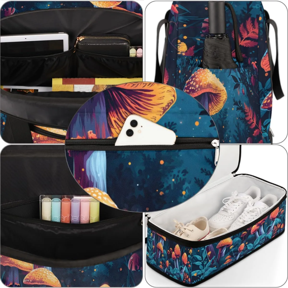 Cartoon Forest Mushroom Design Foldable Duffle Bag with Shoes Compartment Large Capacity Waterproof Travel Weekender Bag Overnight Bag for Sports Gym