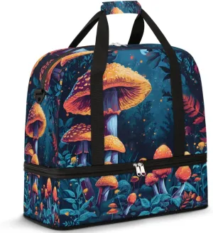 Cartoon Forest Mushroom Design Foldable Duffle Bag with Shoes Compartment Large Capacity Waterproof Travel Weekender Bag Overnight Bag for Sports Gym