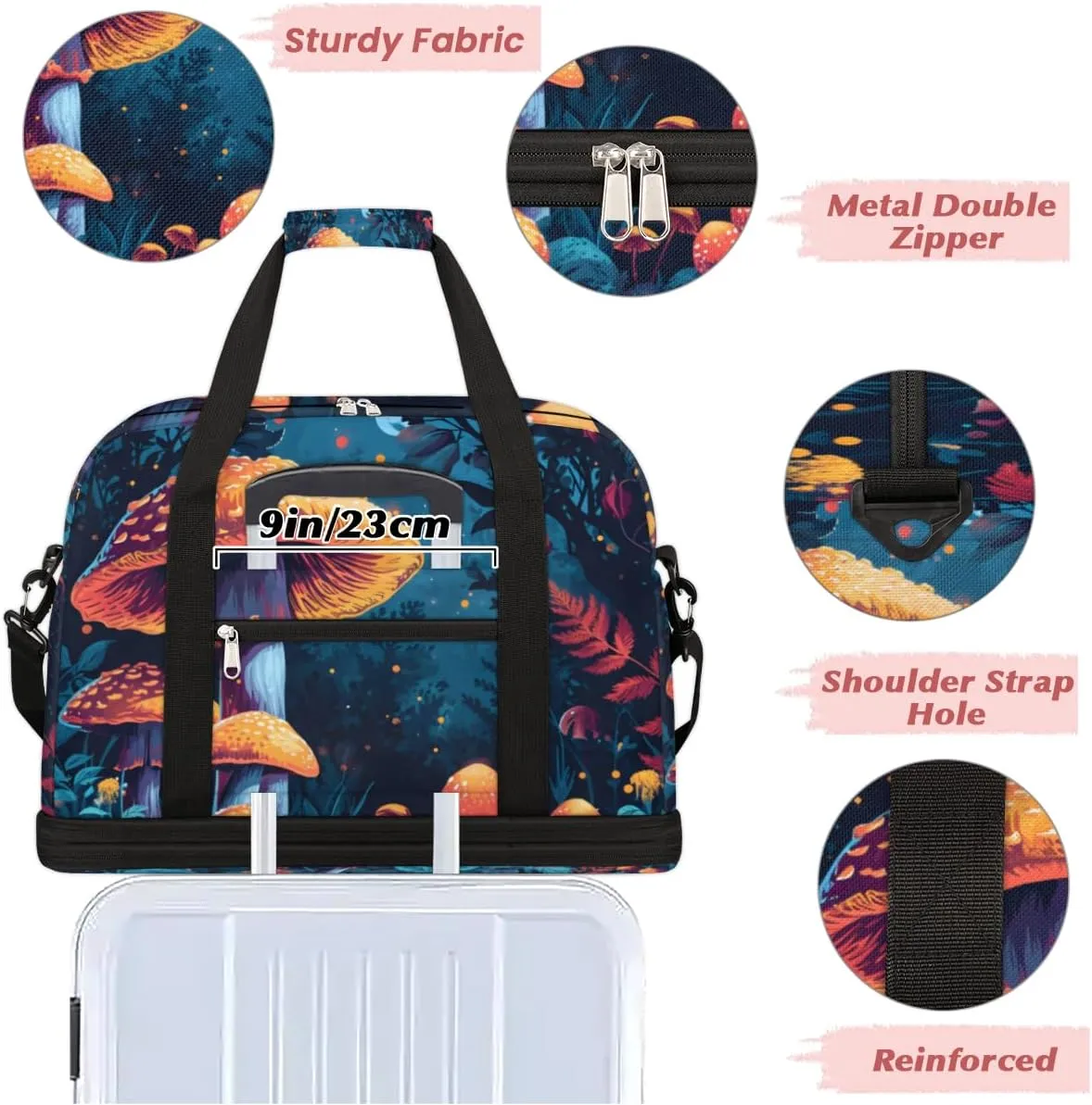 Cartoon Forest Mushroom Design Foldable Duffle Bag with Shoes Compartment Large Capacity Waterproof Travel Weekender Bag Overnight Bag for Sports Gym