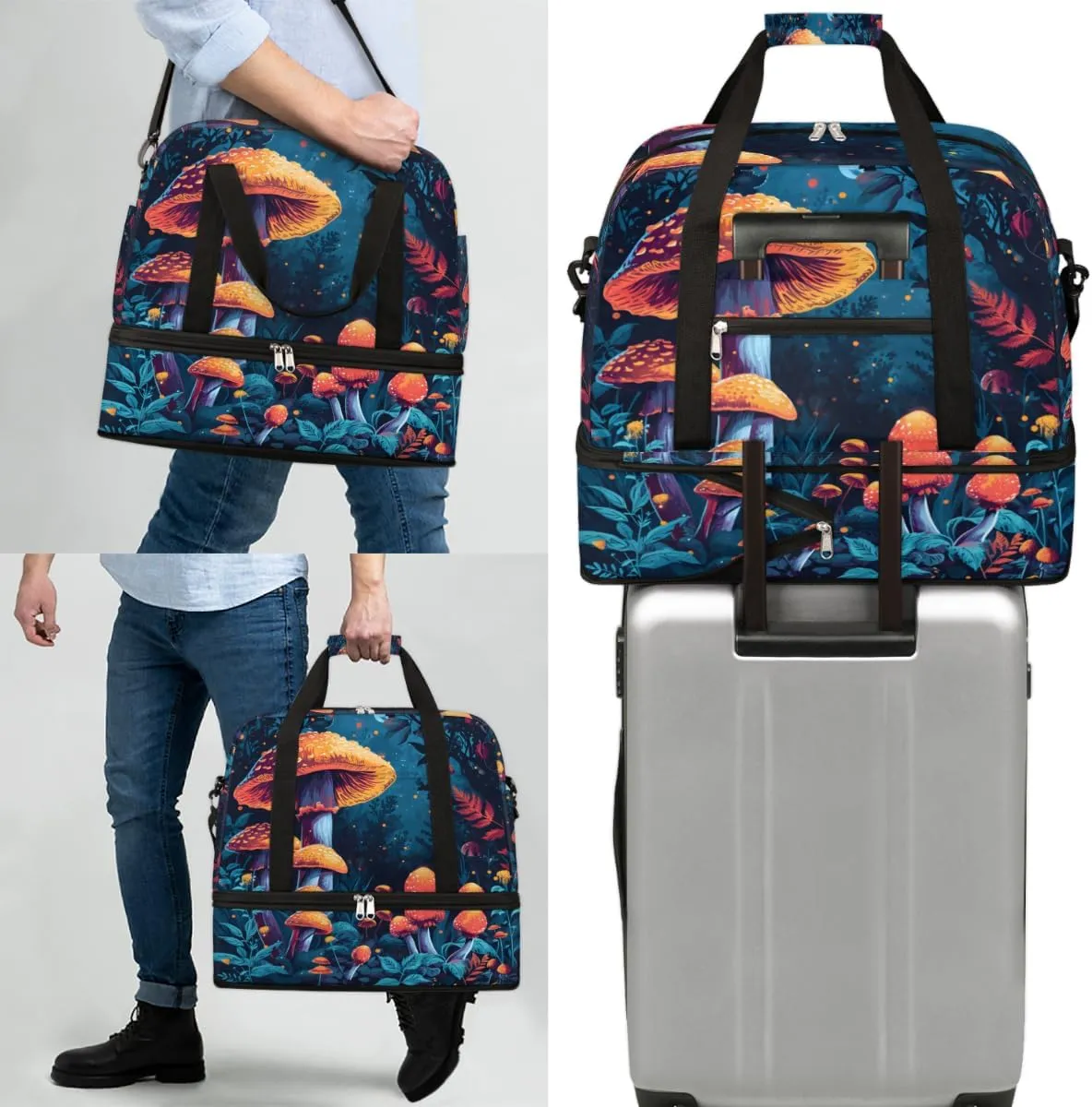 Cartoon Forest Mushroom Design Foldable Duffle Bag with Shoes Compartment Large Capacity Waterproof Travel Weekender Bag Overnight Bag for Sports Gym