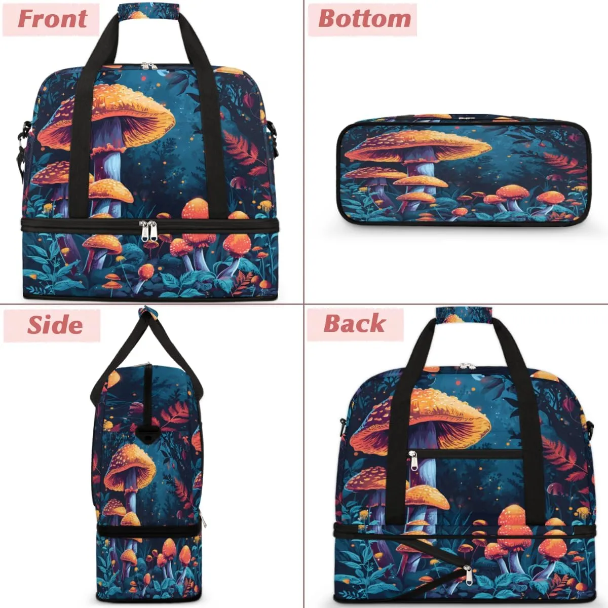 Cartoon Forest Mushroom Design Foldable Duffle Bag with Shoes Compartment Large Capacity Waterproof Travel Weekender Bag Overnight Bag for Sports Gym