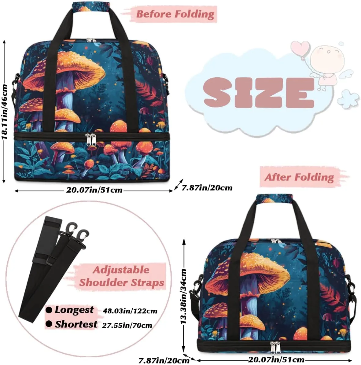 Cartoon Forest Mushroom Design Foldable Duffle Bag with Shoes Compartment Large Capacity Waterproof Travel Weekender Bag Overnight Bag for Sports Gym