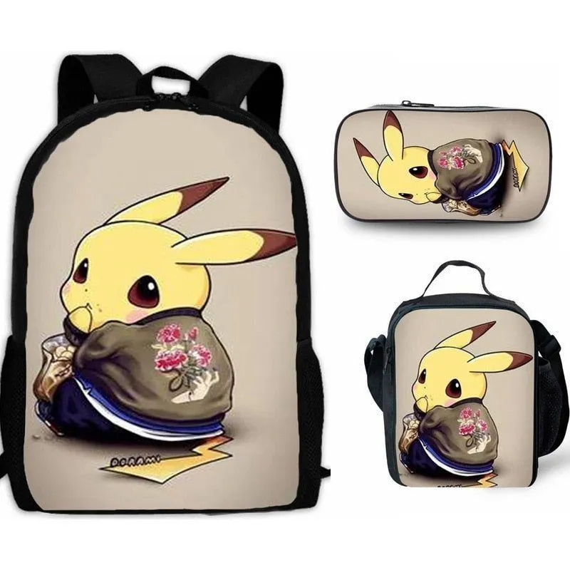 Cartoon Pikachou Schoolbag Backpack Lunch Bag Shoulder Bag Pencil Case Gift for Kids Students