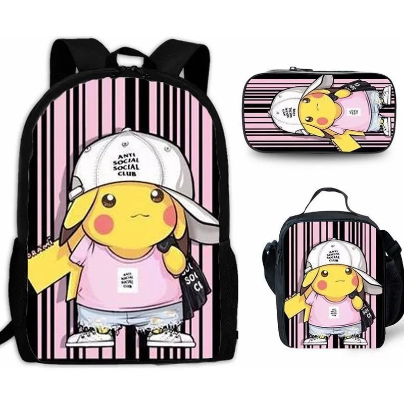 Cartoon Pikachou Schoolbag Backpack Lunch Bag Shoulder Bag Pencil Case Gift for Kids Students
