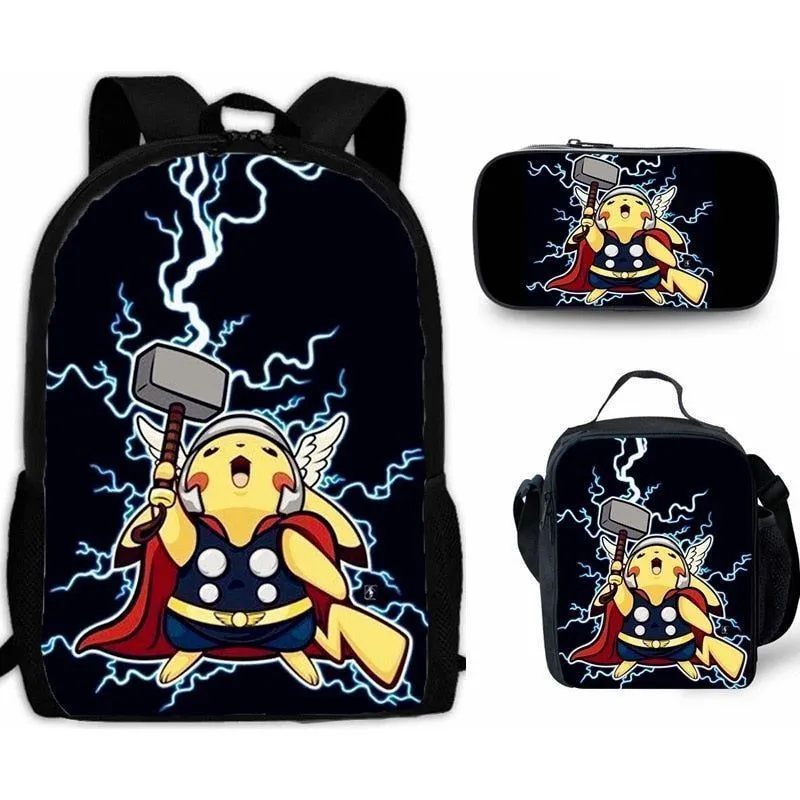 Cartoon Pikachou Schoolbag Backpack Lunch Bag Shoulder Bag Pencil Case Gift for Kids Students