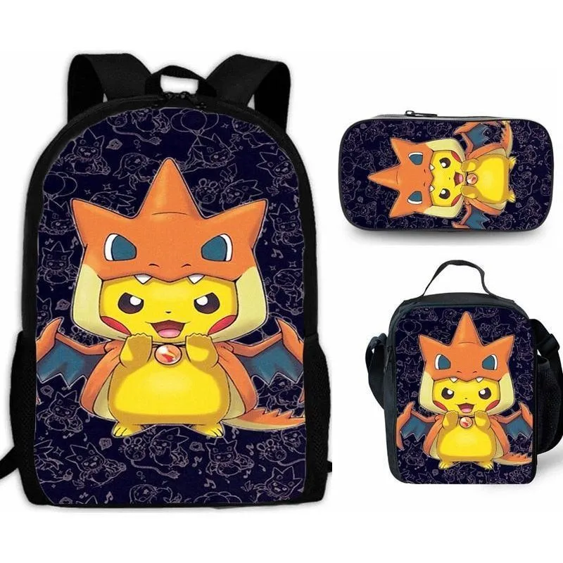 Cartoon Pikachou Schoolbag Backpack Lunch Bag Shoulder Bag Pencil Case Gift for Kids Students