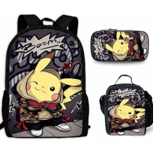 Cartoon Pikachou Schoolbag Backpack Lunch Bag Shoulder Bag Pencil Case Gift for Kids Students