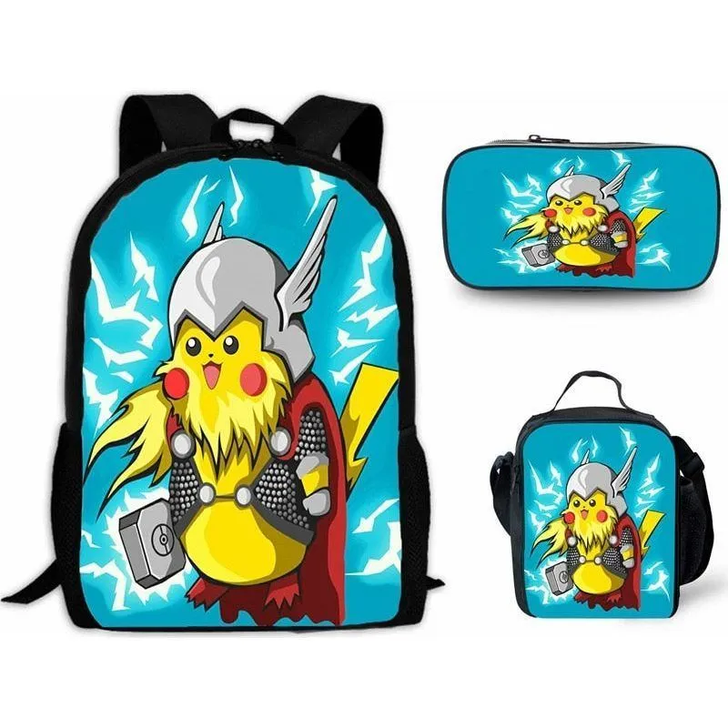 Cartoon Pikachou Schoolbag Backpack Lunch Bag Shoulder Bag Pencil Case Gift for Kids Students