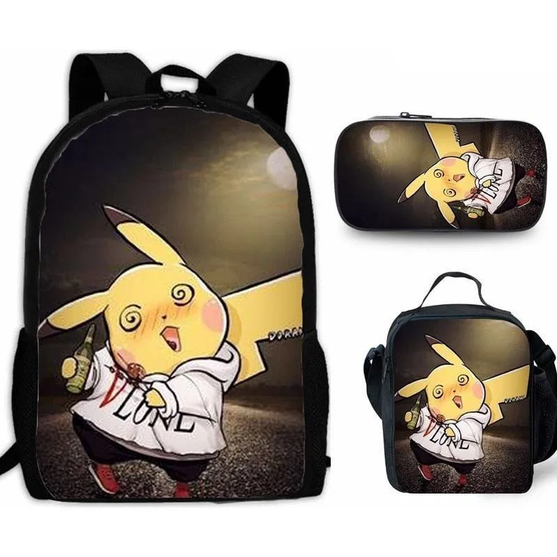 Cartoon Pikachou Schoolbag Backpack Lunch Bag Shoulder Bag Pencil Case Gift for Kids Students