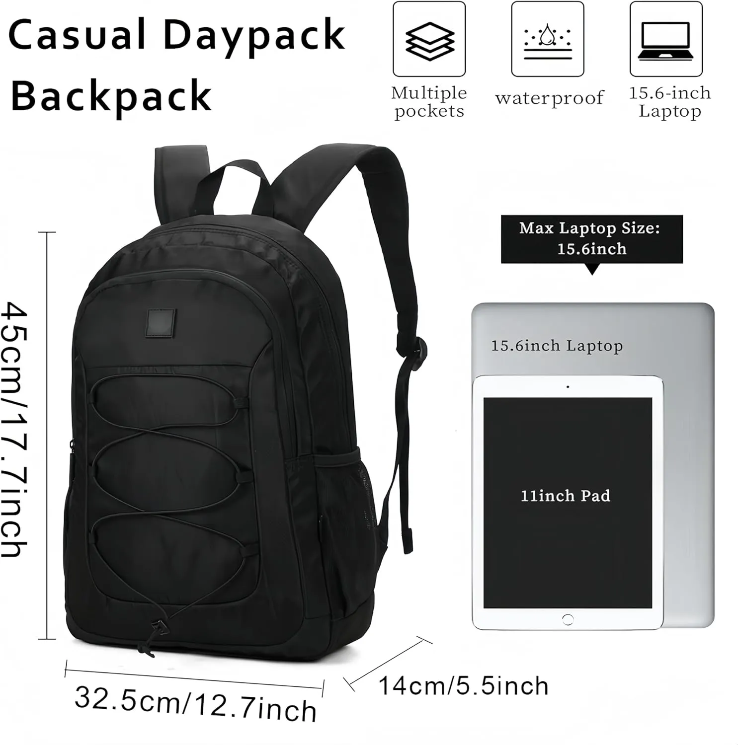 Casual Daypack Backpacks, 17.7 inch Lightweight Waterproof Backpack, 20L Large Capacity Daypack Everyday Backpack, Carry On Travel Backpack Water Resistant Casual Daypack (Black)