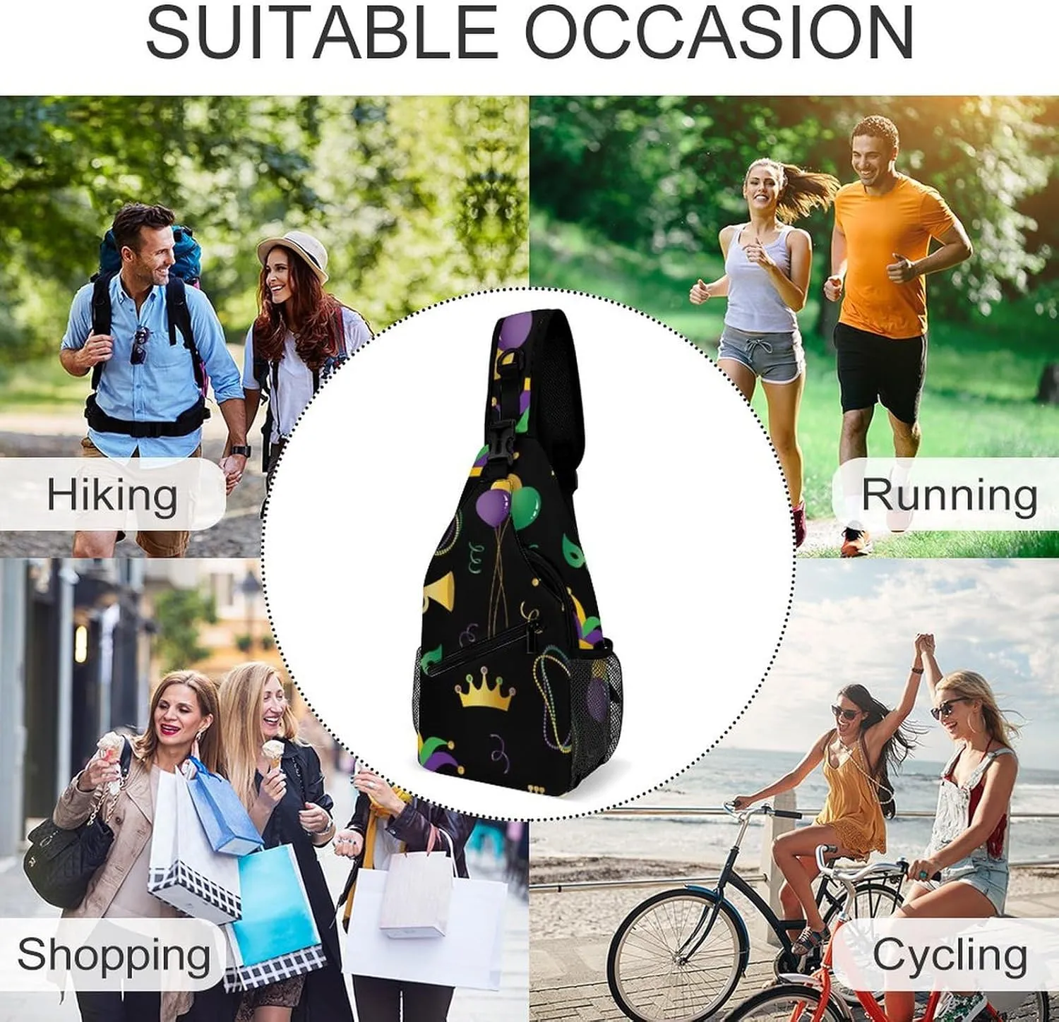 Casual Sling Backpack, Rope Bag, for Mardi Gras Pattern Shoulder Crossbody Bag Chest Pack, Bookbag, Gym Bags Sack Daypack Outdoor Backpack for Man Women Lady s
