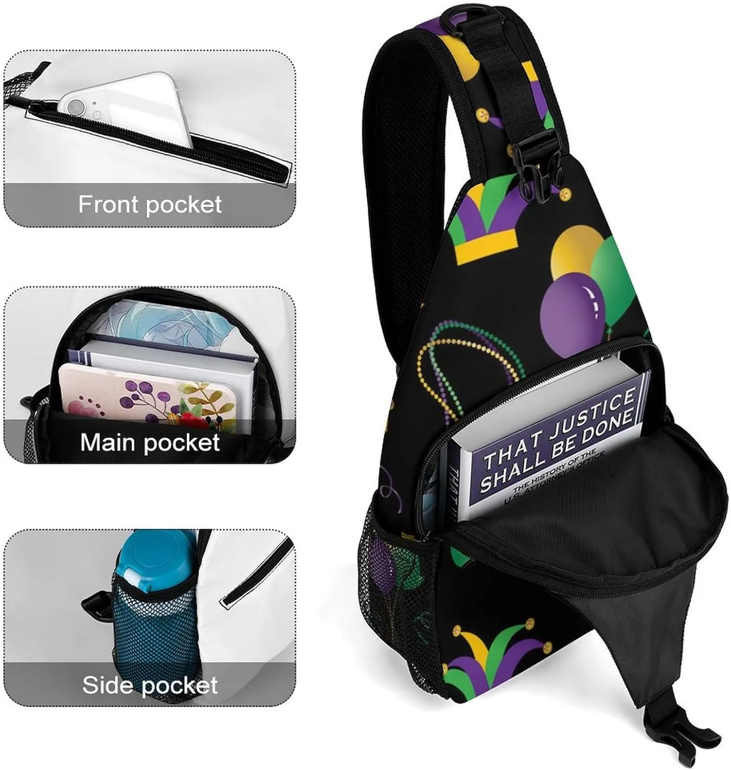 Casual Sling Backpack, Rope Bag, for Mardi Gras Pattern Shoulder Crossbody Bag Chest Pack, Bookbag, Gym Bags Sack Daypack Outdoor Backpack for Man Women Lady s