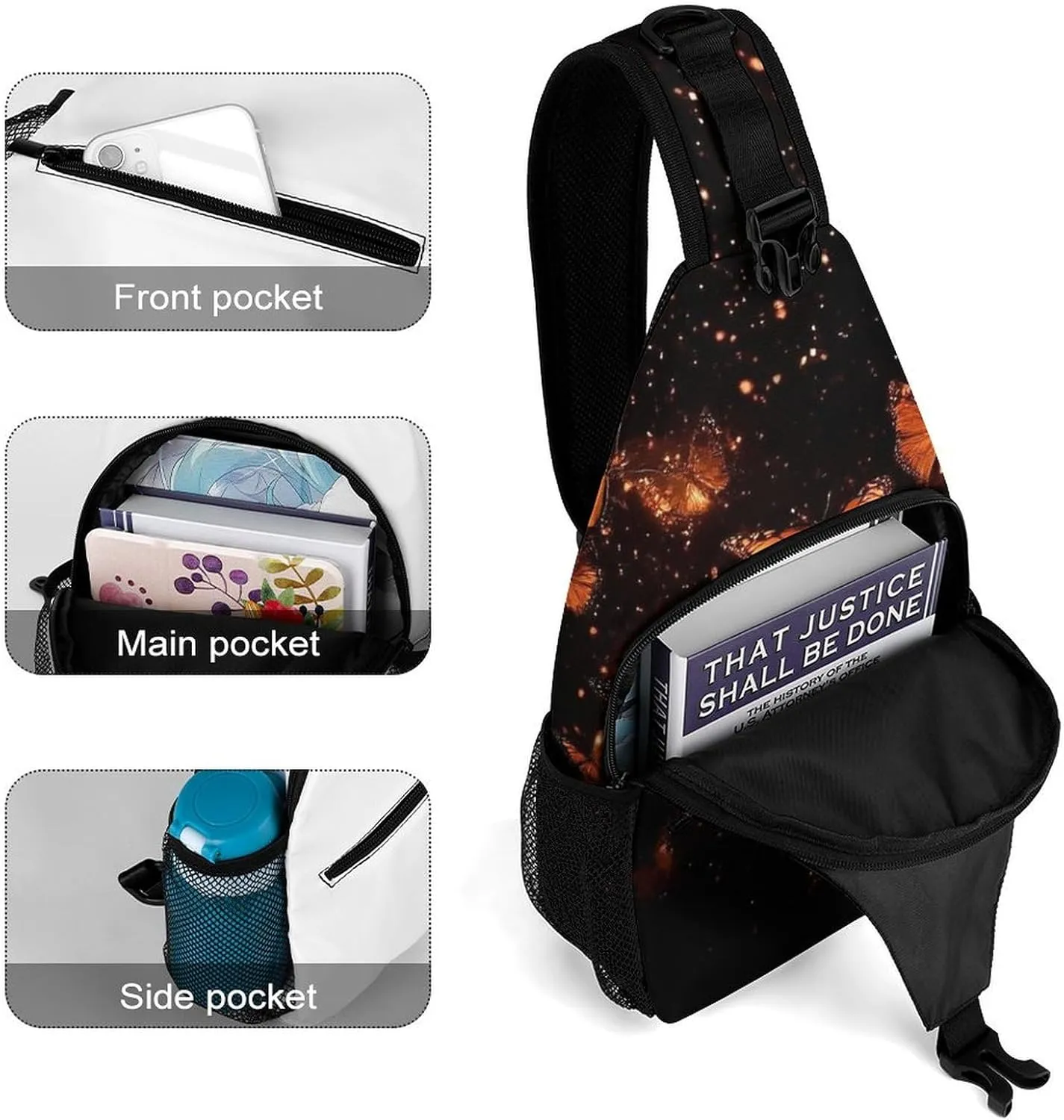 Casual Sling Bag for Men Women, Large Capacity Crossbody Bag Monarch Butterfly Butterflies Art Gym Shoulder Bag Travel Daypacks with Adjustable Strap