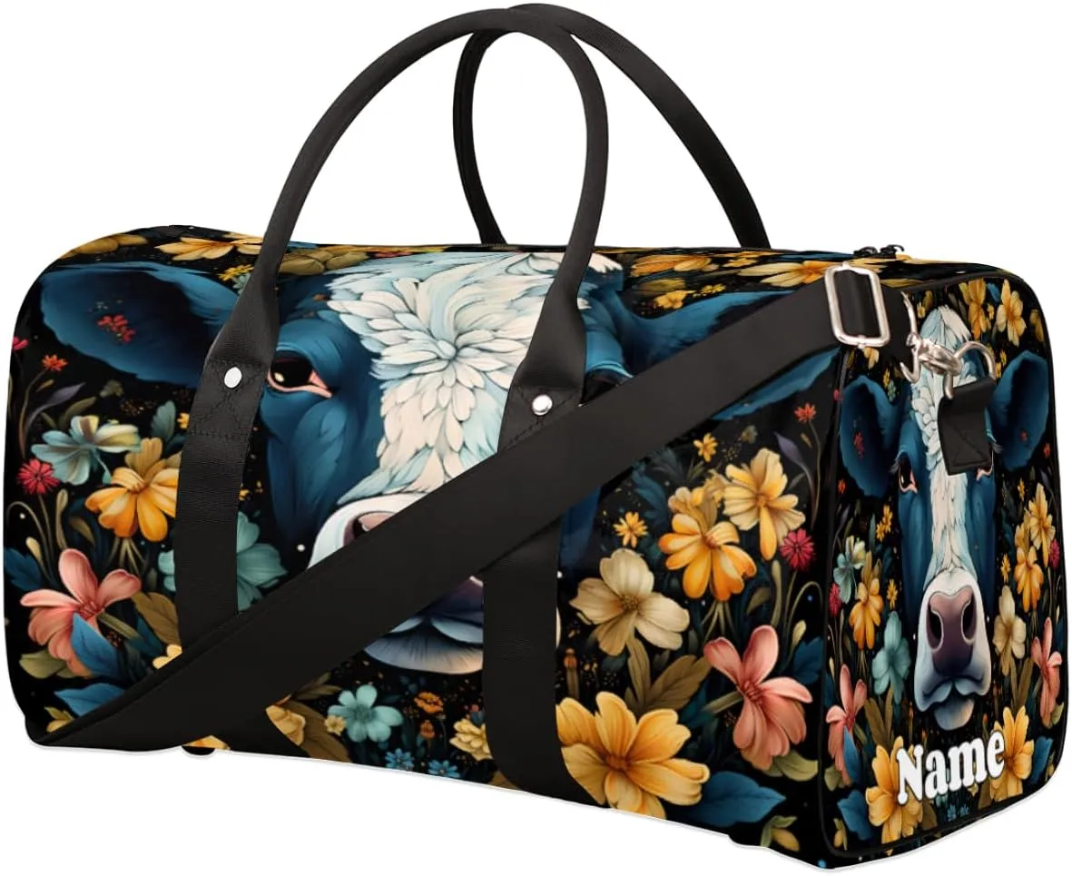 Cattle Animal Flower Print Sports Tote Gym Duffel Bag Customized Name for Women & Men,Waterproof Beach Bag Foldable Personal Item Travel Bag for Weekender Overnight Dance Carry-On Bag